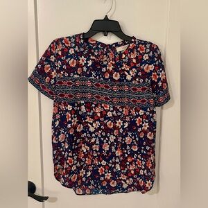 LOFT Red and Pink Short Sleeve Blouse with Mandarin Collar